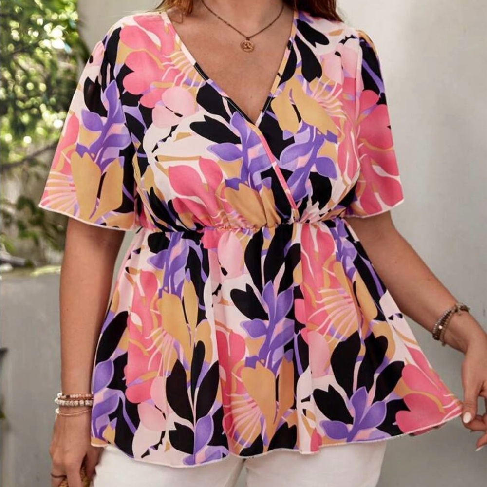 Tropical Print Surplus Neck Blouse